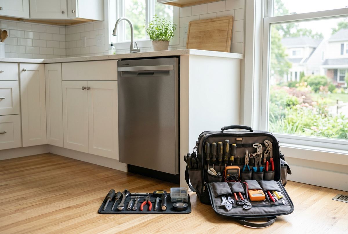 Appliance repair technician at work